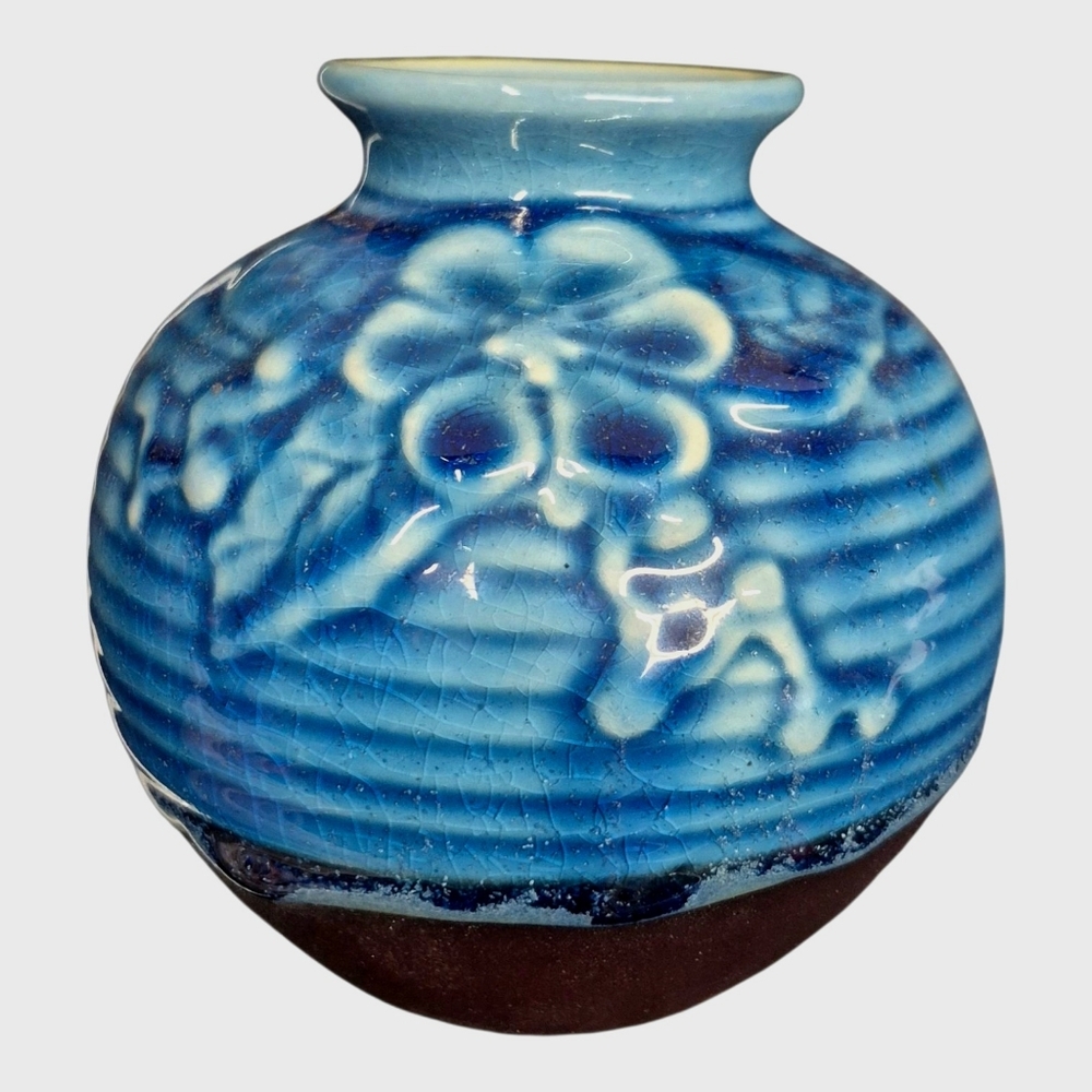 Hand Crafted Blue and White Floral Glazed Ceramic Vase